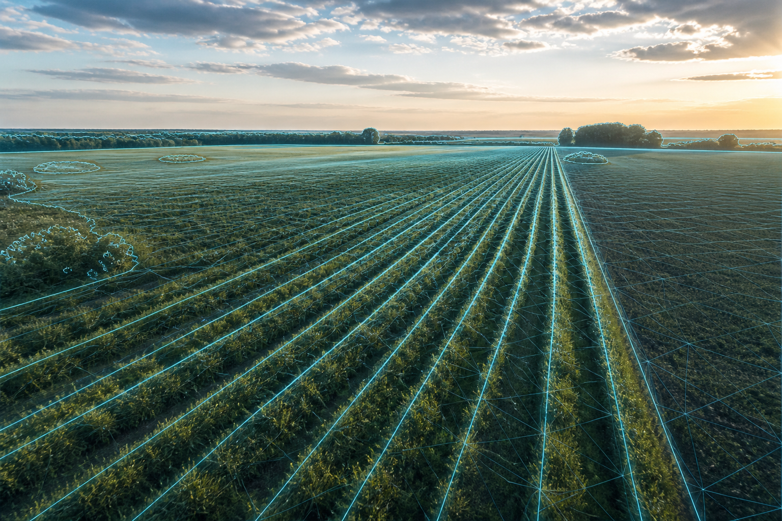 Crop rows with a spatial edge overlay tracing field structure