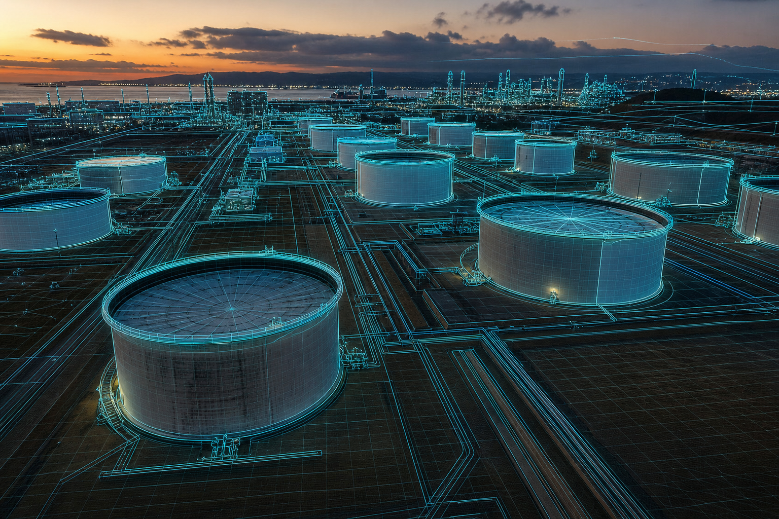 Tank farm with a spatial edge overlay tracing tanks, pipes, and ground plane